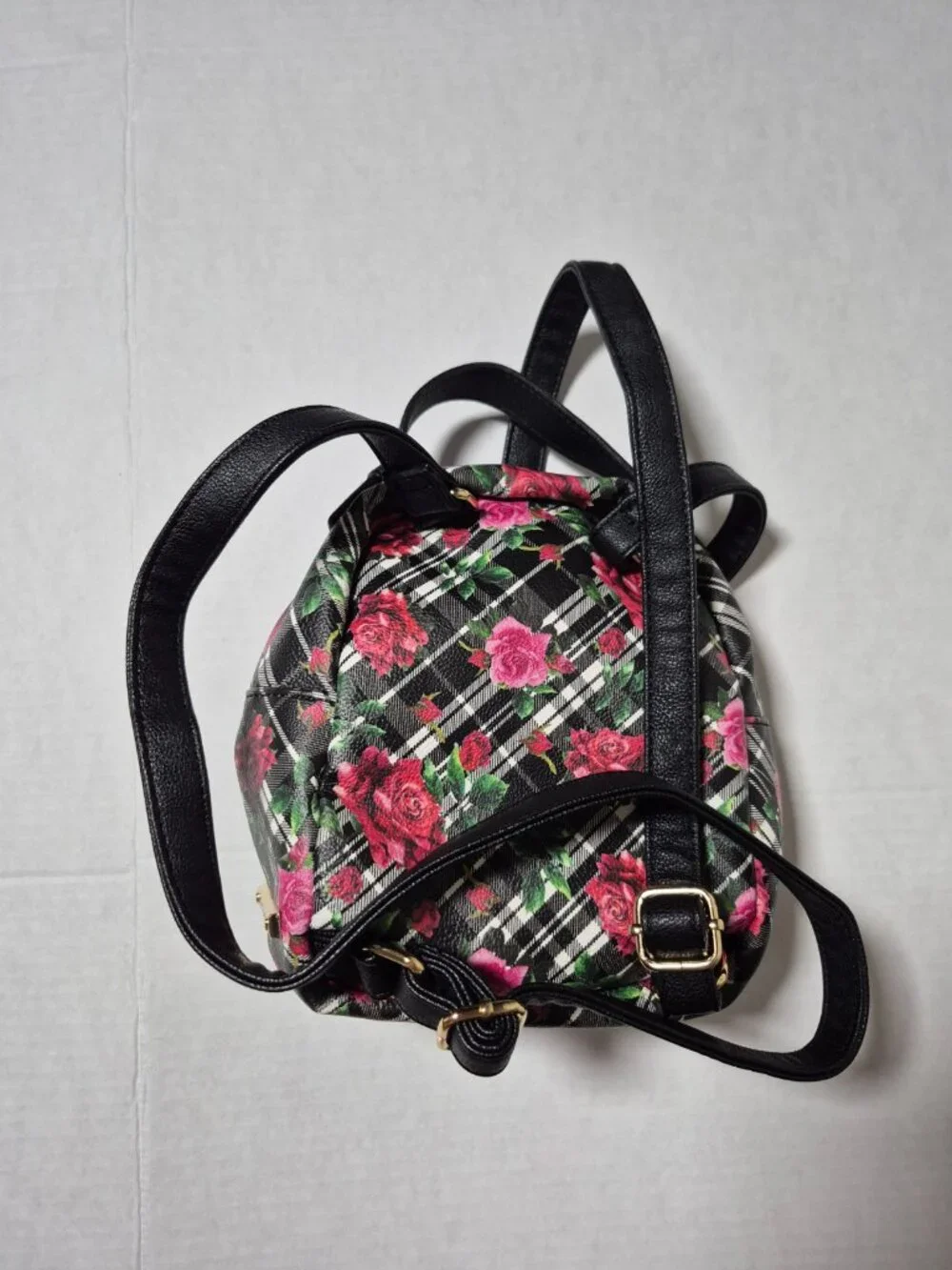 Betsey Johnson Cat Face Mini Backpack Floral Plaid Rose Kitsch Bag